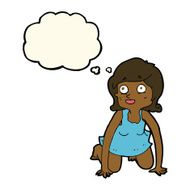 cartoon woman on all fours with thought bubble N15
