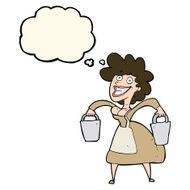 cartoon milkmaid carrying buckets with thought bubble N8