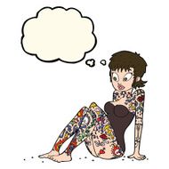 cartoon tattoo girl in swimsuit with thought bubble N6