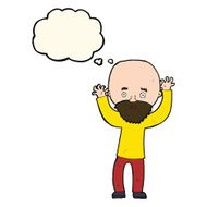 cartoon bearded man panicking with thought bubble N7