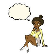 cartoon attractive woman sitting thinking with thought bubble N6