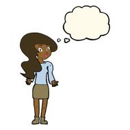 cartoon woman shrugging shoulders with thought bubble N337