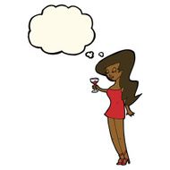 cartoon woman at party with thought bubble N12