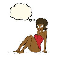 cartoon woman in swimsuit with thought bubble N6