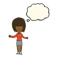 cartoon woman shrugging shoulders with thought bubble N338
