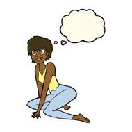 cartoon happy woman sitting on floor with thought bubble N15