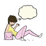 cartoon woman leaning on package box with thought bubble N8