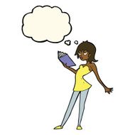 cartoon woman reading book with thought bubble N7
