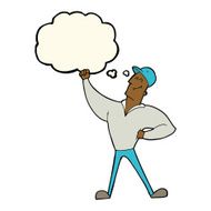 cartoon man striking heroic pose with thought bubble N7