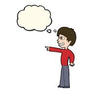 cartoon grinning boy pointing with thought bubble N7