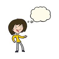 cartoon woman laughing and pointing with thought bubble N8