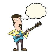 cartoon man playing electric guitar with thought bubble N14