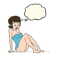 cartoon woman in swimsuit with thought bubble N7