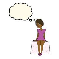 cartoon curious woman sitting with thought bubble N7