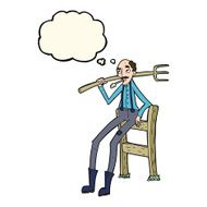 cartoon old farmer leaning on fence with thought bubble N5