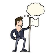 cartoon man planting flag with thought bubble N7