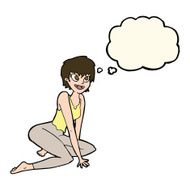 cartoon happy woman sitting on floor with thought bubble N16