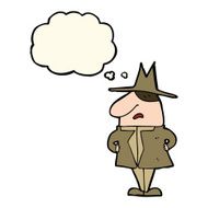 cartoon man in coat and hat with thought bubble N8