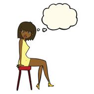 cartoon woman sitting on stool with thought bubble N13