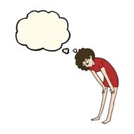 cartoon woman looking at her feet with thought bubble N8