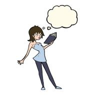 cartoon woman reading book with thought bubble N8