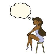 cartoon woman sitting on stool with thought bubble N14