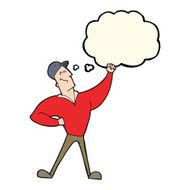 cartoon man striking heroic pose with thought bubble N8