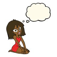 cartoon happy woman in dress with thought bubble N18