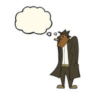 cartoon man in hat and trench coat with thought bubble N7