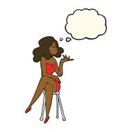 cartoon woman sitting on bar stool with thought bubble N13