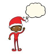 cartoon waving christmas elf with thought bubble N7