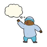 cartoon man in hat waving with thought bubble N7