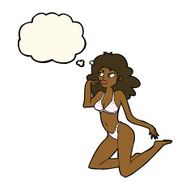 cartoon woman in underwear looking thoughtful with thought bubbl N7