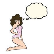 cartoon pin-up woman with thought bubble N8