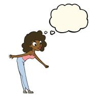 cartoon woman reaching to pick something up with thought bubble N7