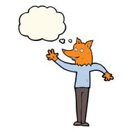 cartoon waving fox man with thought bubble N4