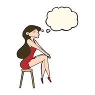 cartoon woman sitting on stool with thought bubble N15