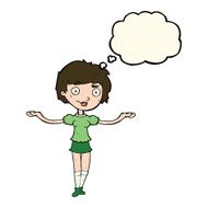 cartoon woman spreading arms with thought bubble N8