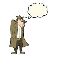 cartoon man in hat and trench coat with thought bubble N8