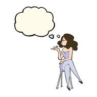 cartoon woman sitting on bar stool with thought bubble N15
