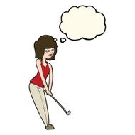 cartoon woman playing golf with thought bubble N16