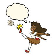 cartoon female soccer player kicking ball with thought bubble N7