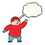 cartoon man in hat waving with thought bubble N8