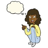 cartoon happy woman sitting and pointing with thought bubble N7