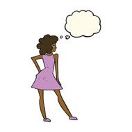 cartoon woman posing in dress with thought bubble N22