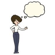 cartoon woman waving with thought bubble N261