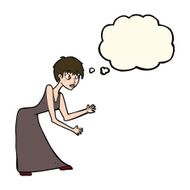 cartoon woman in dress gesturing with thought bubble N8