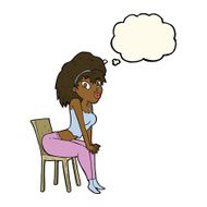 cartoon woman posing on chair with thought bubble N14