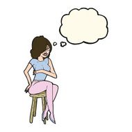 cartoon woman sitting on bar stool with thought bubble N16