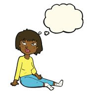 cartoon woman sitting on floor with thought bubble N7